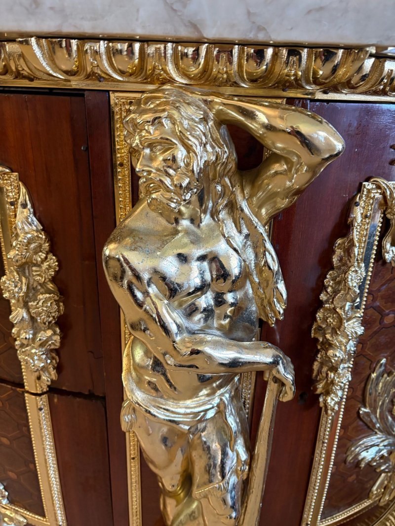 Antique Rare Fine Pair of French Early 20th Century Mahogany, Fruitwood Marquetry and Gilt Bronze Mounted Commodes In the Louis XVI Style, after the Original By Jean-Henri Riesener - Image 19